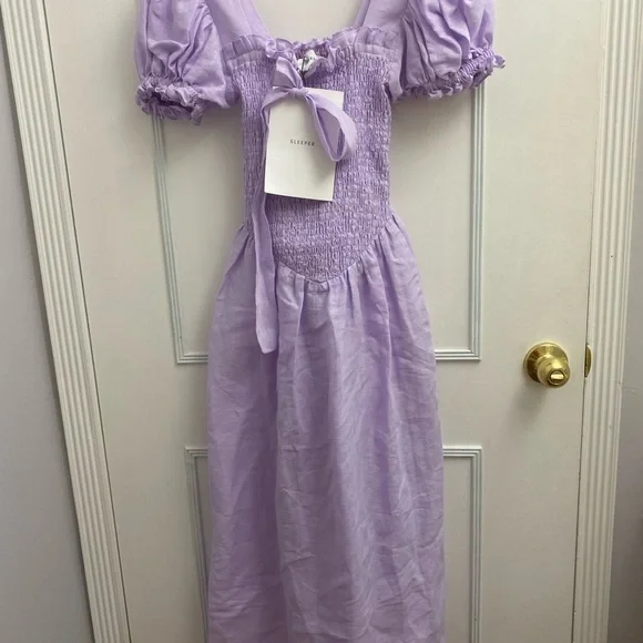 NWT Sleeper Belle Dress Linen Lavender Medium with matching hair tie/bow - Picture 3 of 4